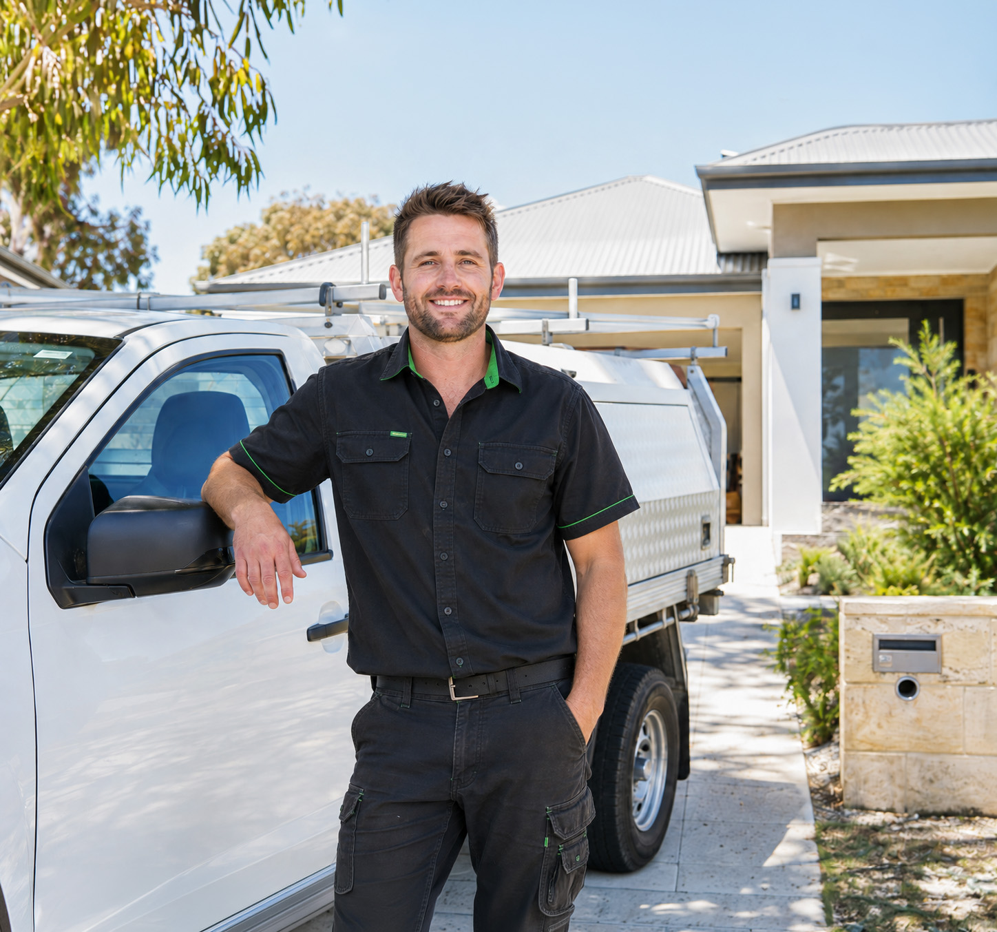 Licensed Perth Power Safety electrician standing beside the work ute outside a Perth home